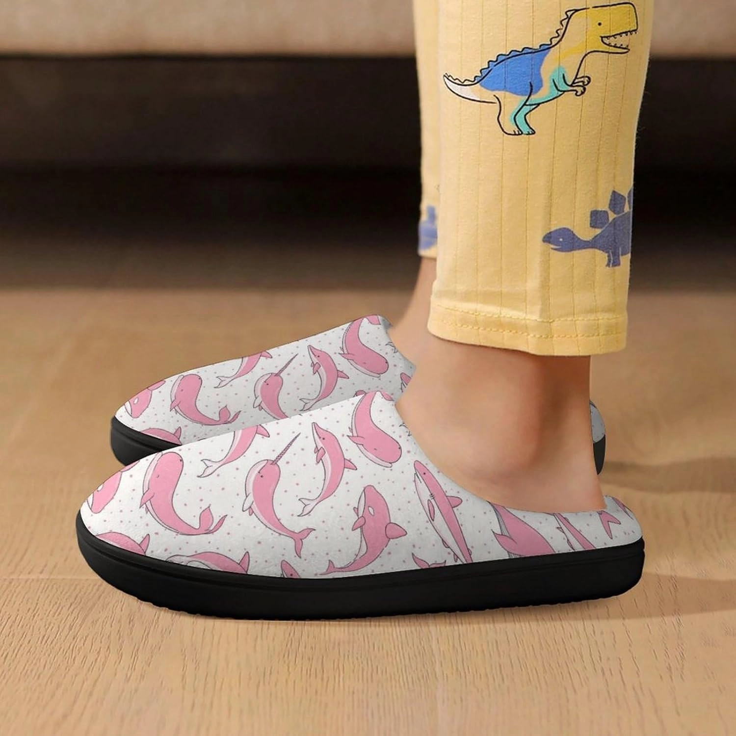 Pink Whales Sharks Narwhal Print Slippers for Boys Girls Home Cotton Slippers Non-Slip Warm Little Kids Slippers