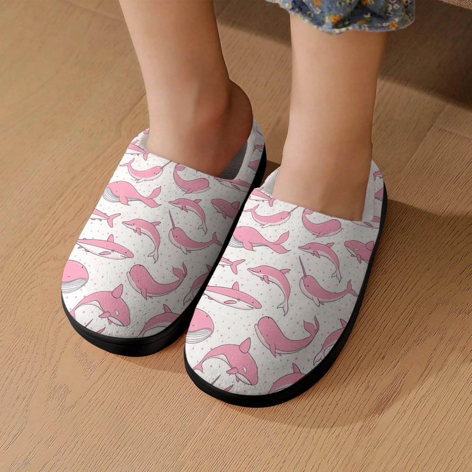 Pink Whales Sharks Narwhal Print Slippers for Boys Girls Home Cotton Slippers Non-Slip Warm Little Kids Slippers