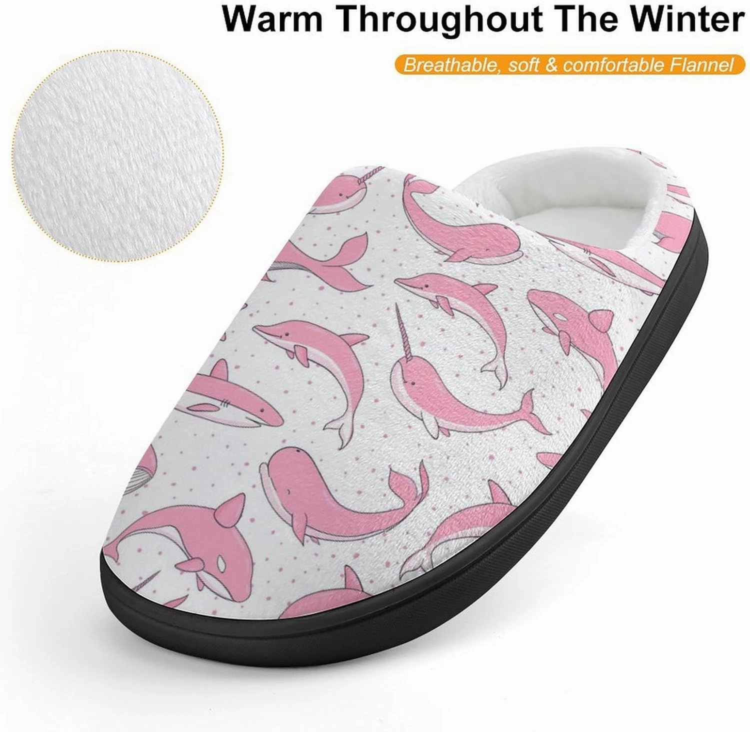Pink Whales Sharks Narwhal Print Slippers for Boys Girls Home Cotton Slippers Non-Slip Warm Little Kids Slippers