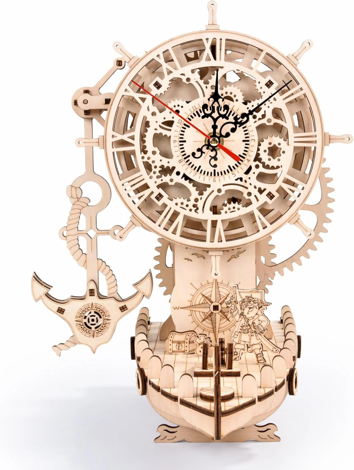 Pirate Ship Clock 3D Wooden Puzzles for Adults, DIY Mechanical Clock Kit, Wooden Models to Build, Clock Making Kits Gift for Kids