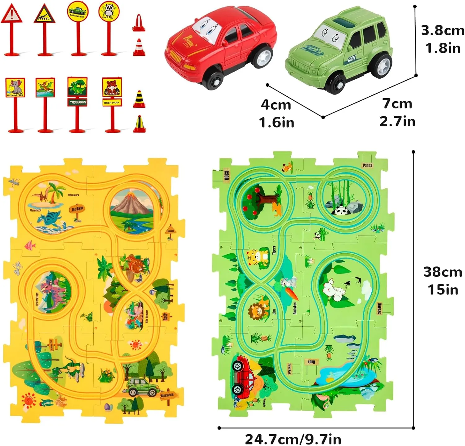 Plastic Floor Puzzles for Kids with 2 Cute Vehicles, Puzzle Racer Kids Car Track Set, Montessori Toys for 3 4 5 6 Year Old Boys, Gifts for 3 4 5 6 Year Old Boys, Toys for Ages 2-4
