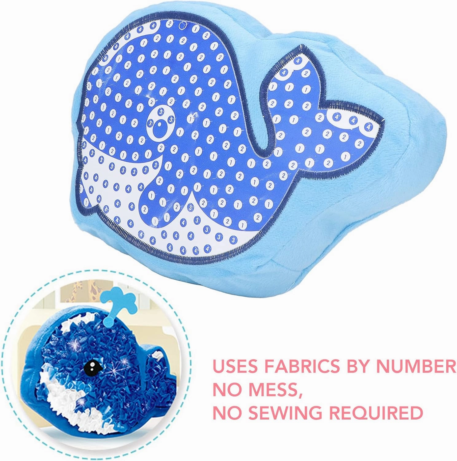 plplaaoo DIY Plush Animal Pillow for Kids – No Sewing Craft Kit with PP Cotton, Includes Fabric & Stuffing – Fun Plush Decompression Toy for Ages 5 , Educational Arts & Crafts Project (Whale 33288)