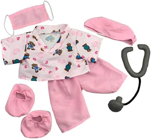 Plush Toy Wonderland Pink Scrubs Outfit for 14-18 Inch Stuffed Animal – Teddy Bear Doctor Costume with Mask, Scrub Cap, Booties & Stethoscope – Build A Bear Plush Clothes for Pretend Play & Gifting