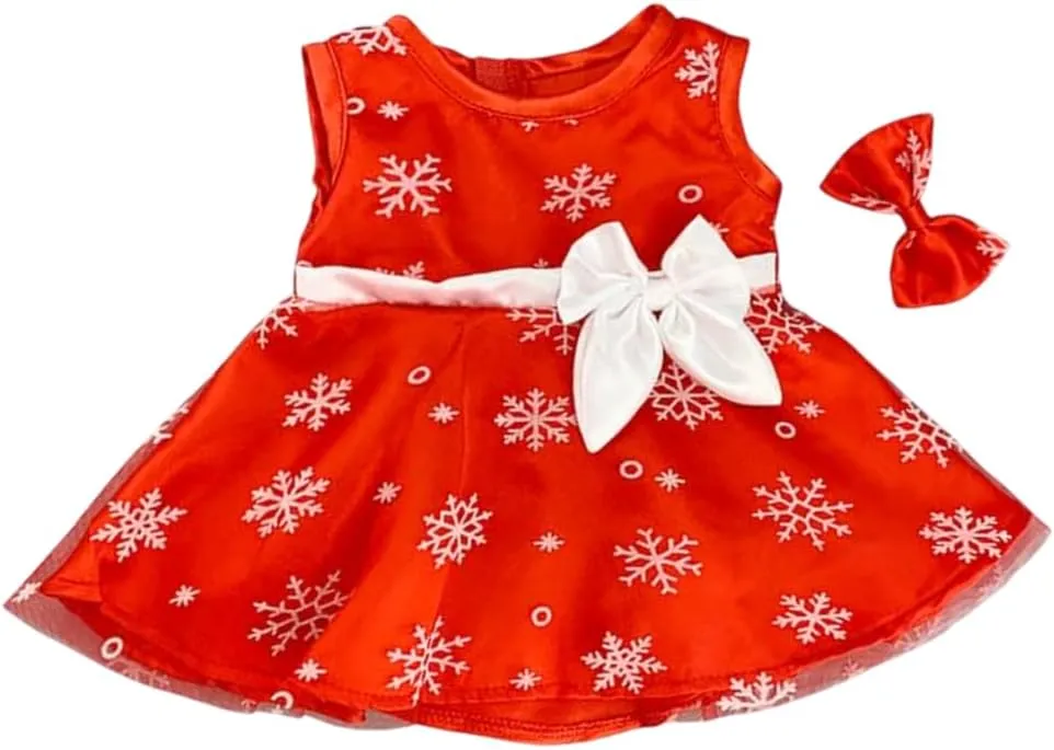 Plush Toys Wondrland Red Snowflake Dress with Hair Bow for 14-18 inch Stuffed Animals – Christmas Holiday Outfit for Teddy Bears, Clothes, Dress Up Accessories for Soft Toys