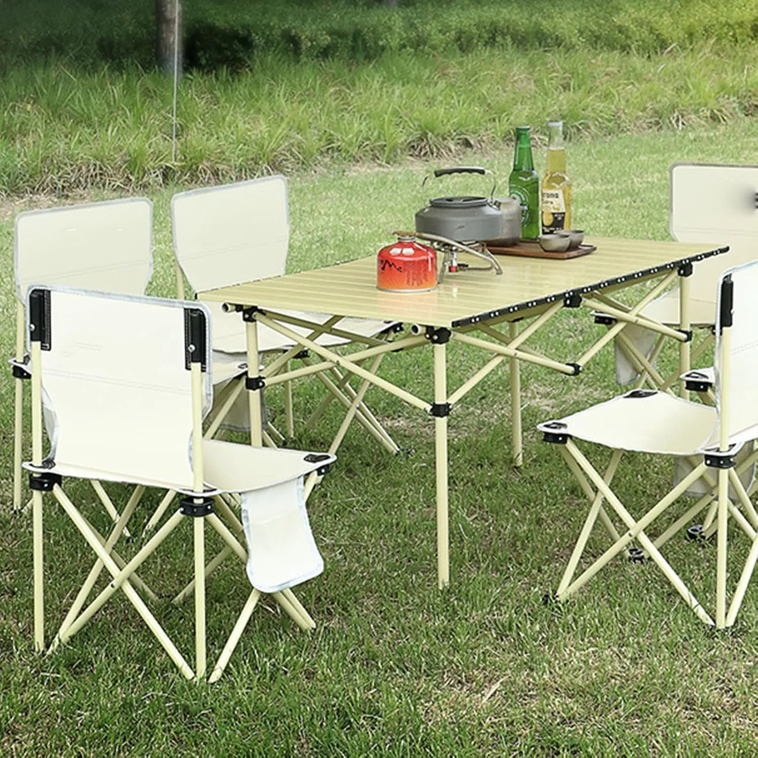 Portable Folding Table and Chairs, Aluminum Alloy Roll-up Table Top Folding Camping Table Lightweight Collapsible Picnic Chair for Outdoor Garden BBQ