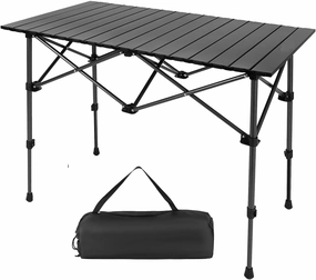 Portable Camping Table with Adjustable Height, 150 lbs Capacity, X-Frame Design, Carrying Bag, Black
