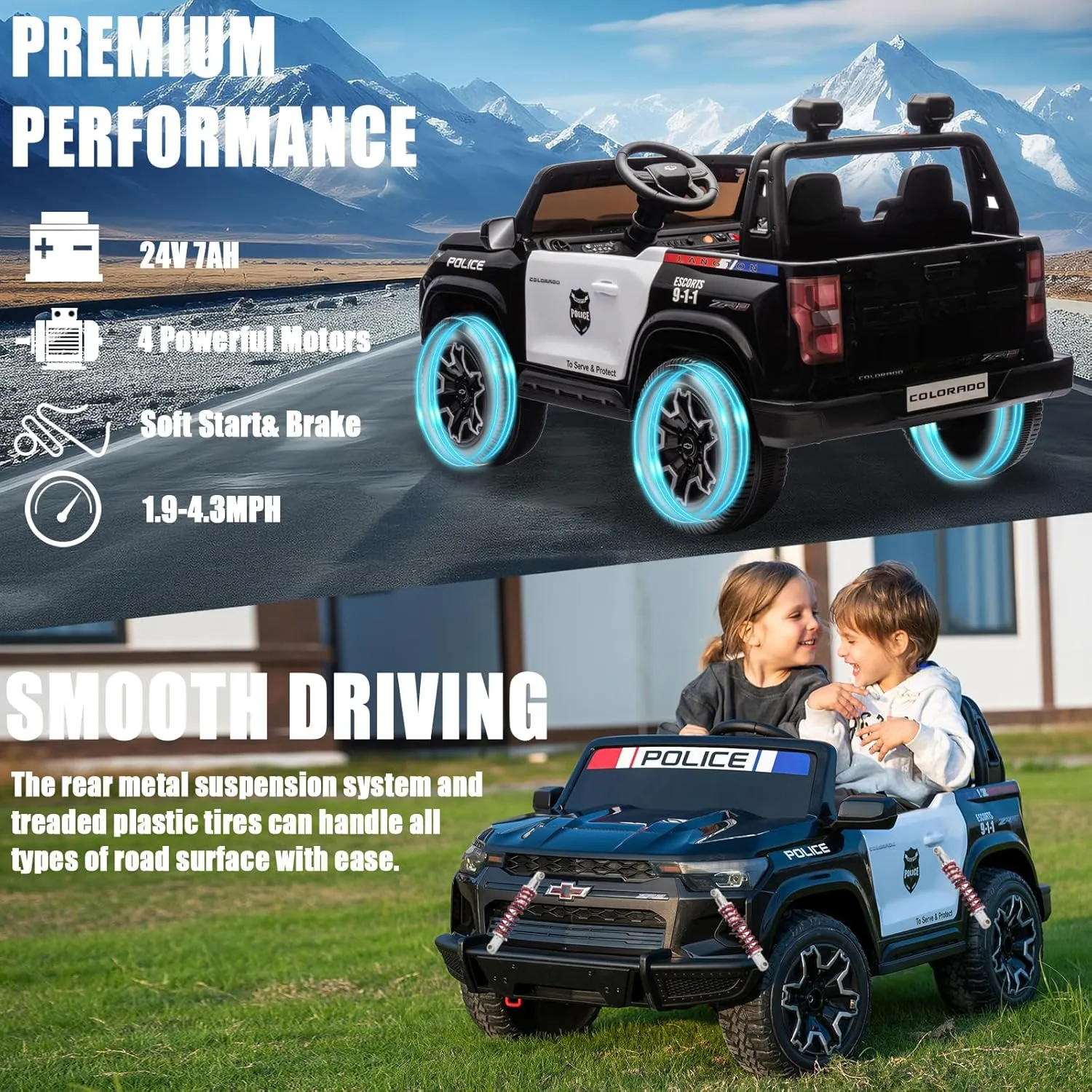POSTACK 24 Volt Ride on Toys with Parental Remote, 4WD Battery Powered Electric Power 4 Wheels for Toddlers, Kids Ride on UTV Truck Kids Cars to Drive with Bluetooth LED Lights, Police Black