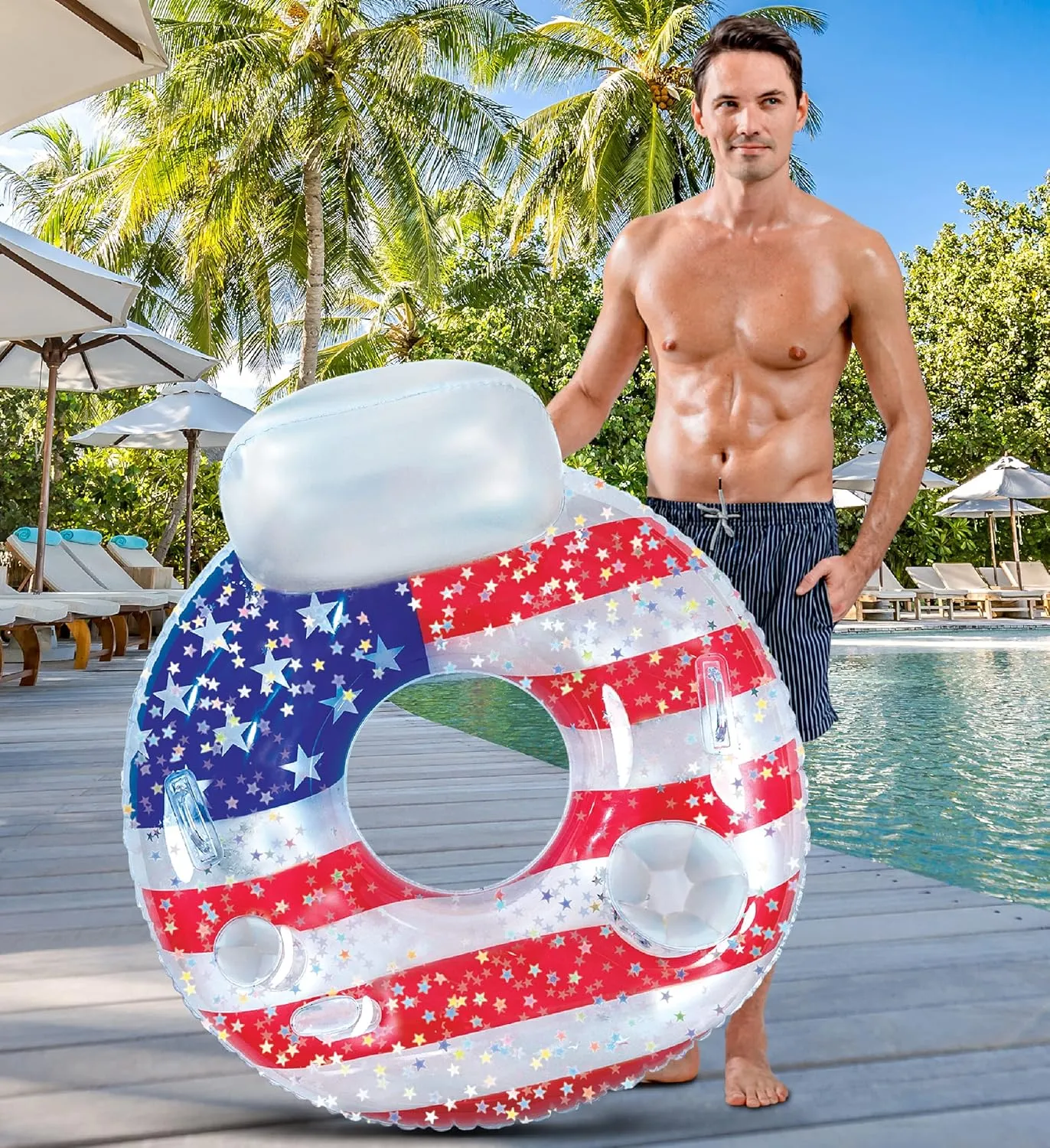 POZA Inflatable USA Pool Float - Luxurious Fun Lounger Filled with Sparkle Silver Stars Confetti, Cool USA Flag Design Water Swimming Pool Floaties for Beach, Lake & Pool
