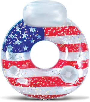 POZA Inflatable USA Pool Float - Luxurious Fun Lounger Filled with Sparkle Silver Stars Confetti, Cool USA Flag Design Water Swimming Pool Floaties for Beach, Lake & Pool