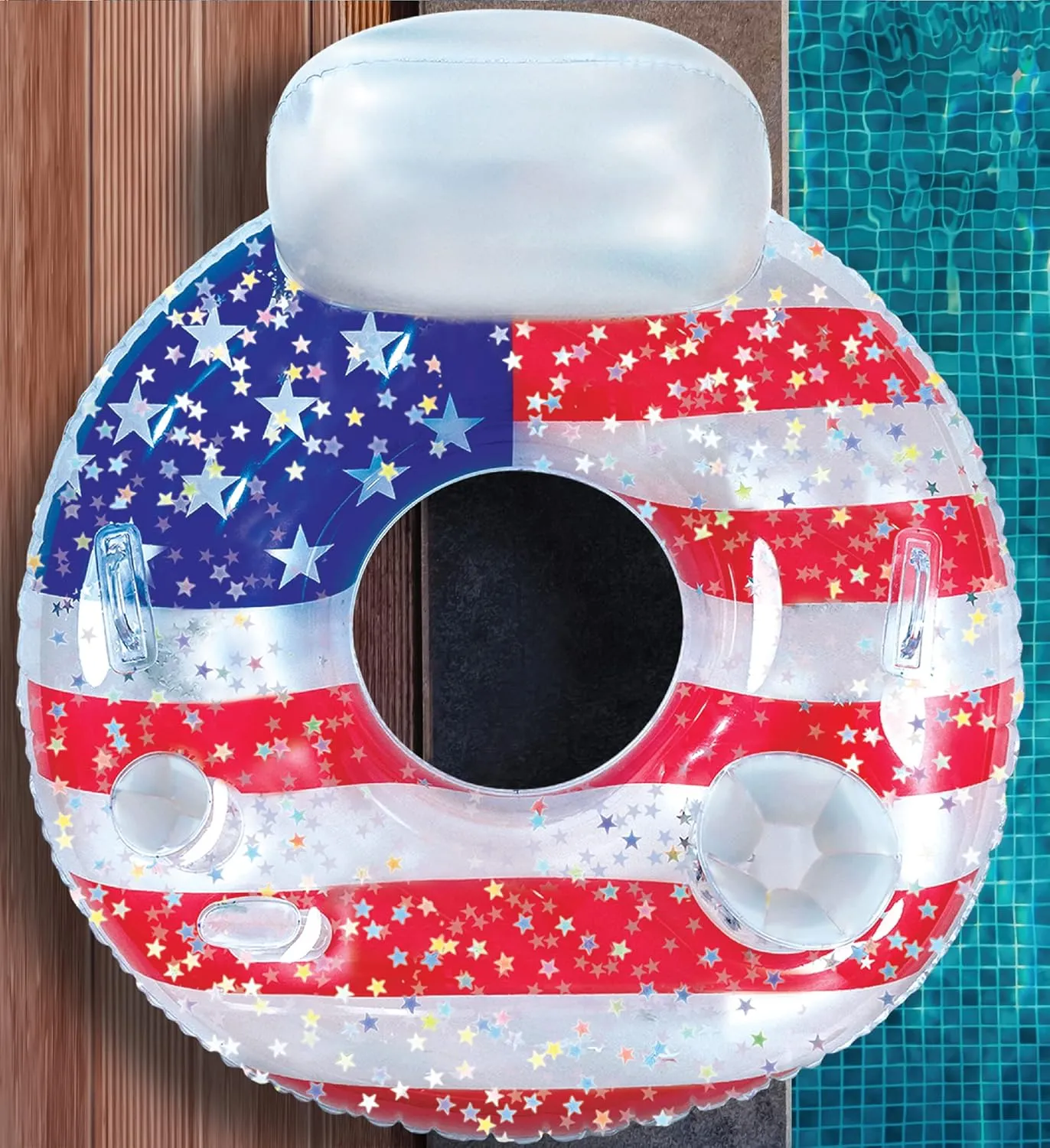 POZA Inflatable USA Pool Float - Luxurious Fun Lounger Filled with Sparkle Silver Stars Confetti, Cool USA Flag Design Water Swimming Pool Floaties for Beach, Lake & Pool
