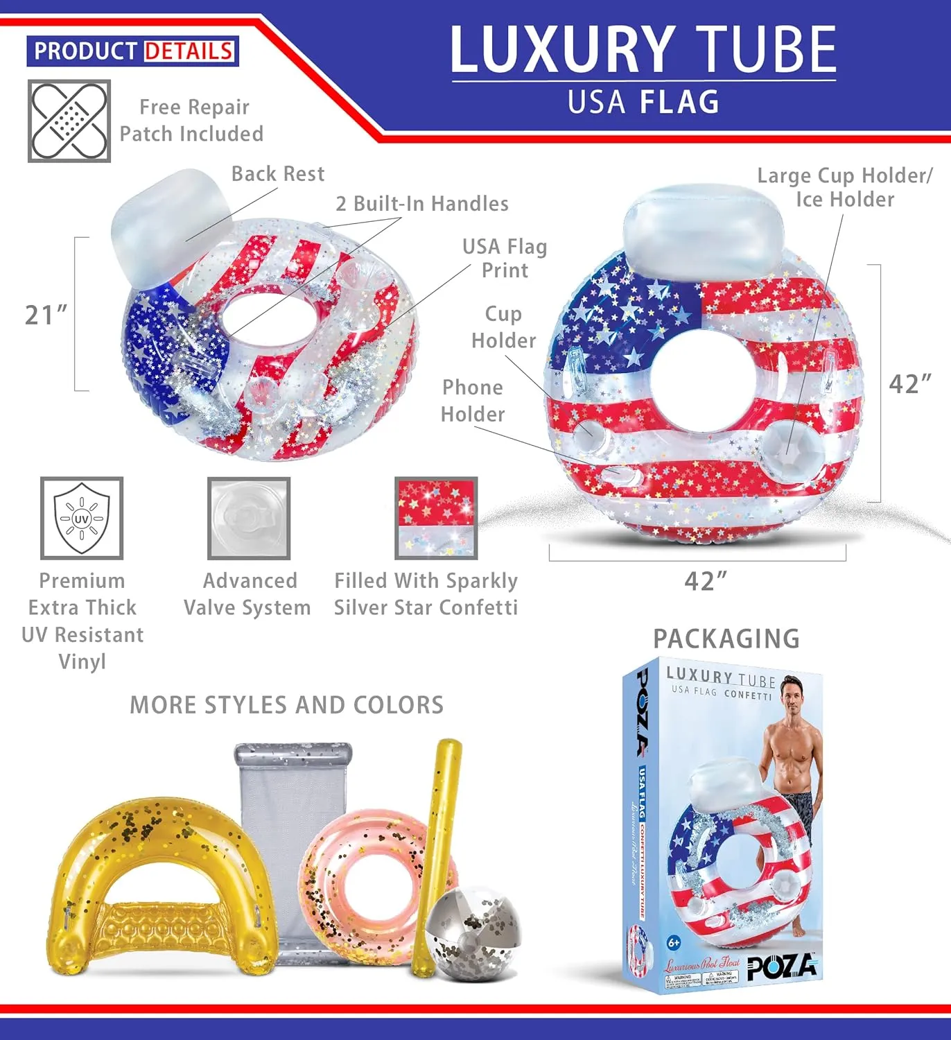 POZA Inflatable USA Pool Float - Luxurious Fun Lounger Filled with Sparkle Silver Stars Confetti, Cool USA Flag Design Water Swimming Pool Floaties for Beach, Lake & Pool