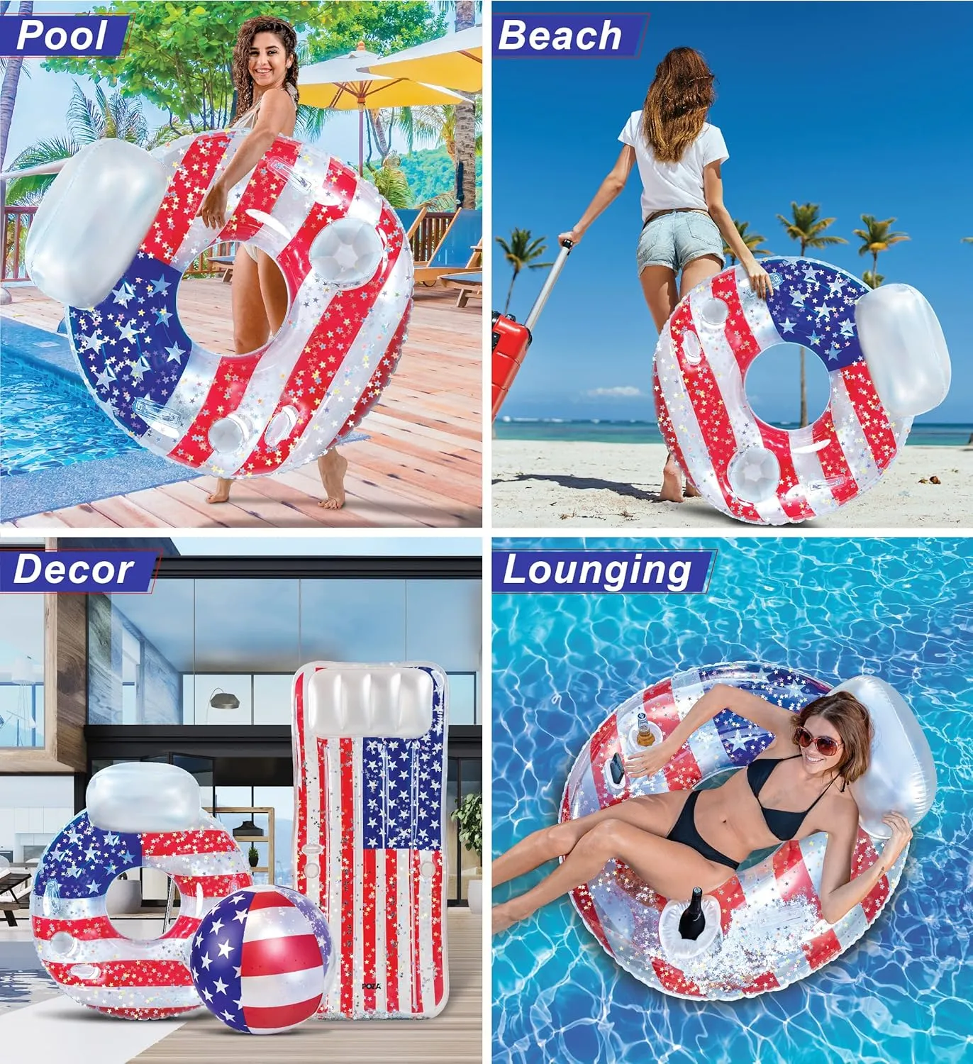POZA Inflatable USA Pool Float - Luxurious Fun Lounger Filled with Sparkle Silver Stars Confetti, Cool USA Flag Design Water Swimming Pool Floaties for Beach, Lake & Pool