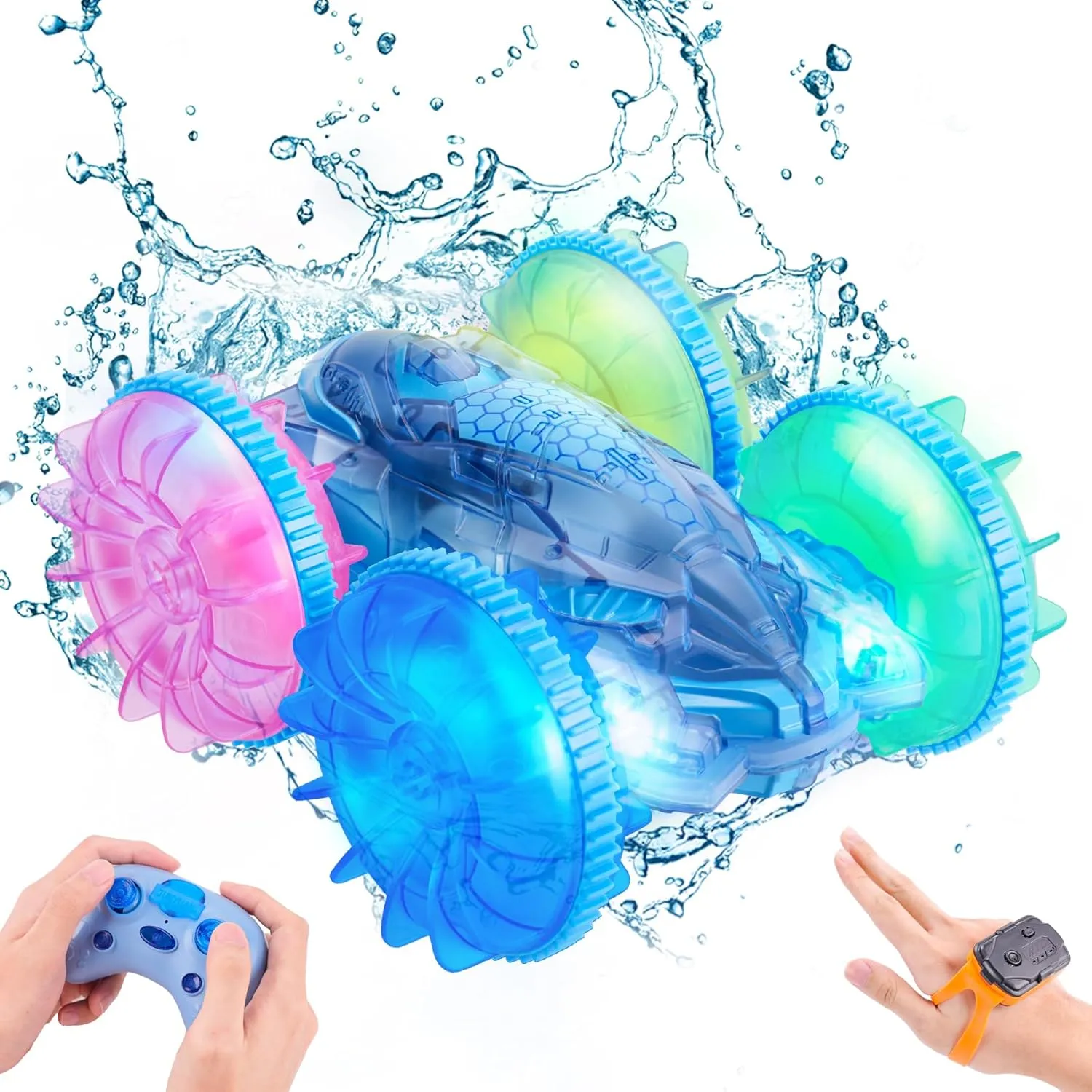 PREPOP Amphibious RC Car for Land & Water, 4WD Gesture Sensor Boat with Waterproof Remote, Lights – Beach & Pool Toy for Kids Ages 5 6 7 8-12 for Boys & Girls