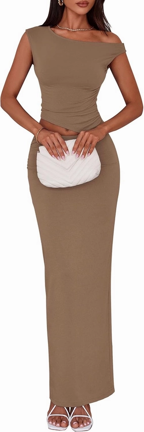 PRETTYGARDEN Maxi Skirt Sets Women 2 Piece Outfits Summer 2025 Spring One Shoulder Sleeveless Ruched Bodycon Long Skirts