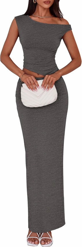 PRETTYGARDEN Maxi Skirt Sets Women 2 Piece Outfits Summer 2025 Spring One Shoulder Sleeveless Ruched Bodycon Long Skirts