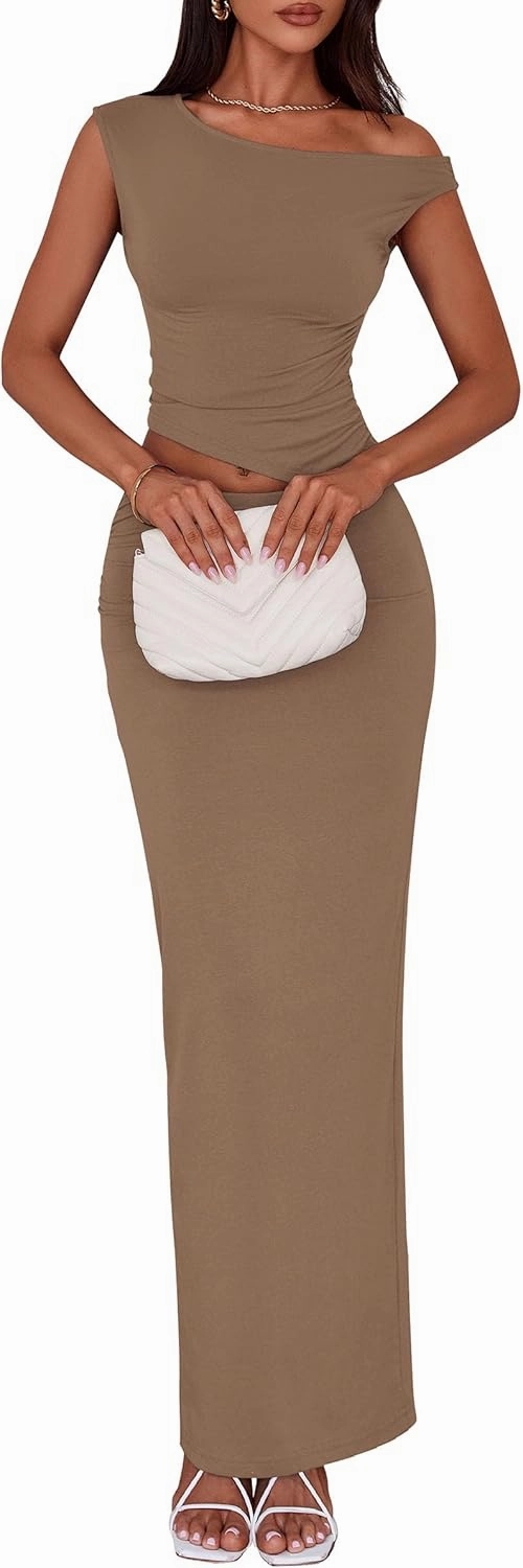 PRETTYGARDEN Maxi Skirt Sets Women 2 Piece Outfits Summer 2025 Spring One Shoulder Sleeveless Ruched Bodycon Long Skirts