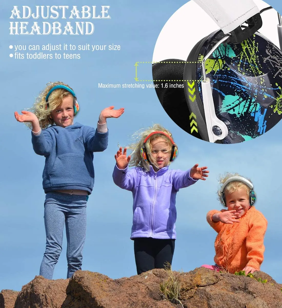PROHEAR 032 Kids Ear Protection Safety Ear Muffs, NRR 25dB Noise Reduction Childrens Earmuffs, Adjustable Headband Hearing Protectors for Sports Events, Concerts, Racing, Airports - Graffiti Pattern