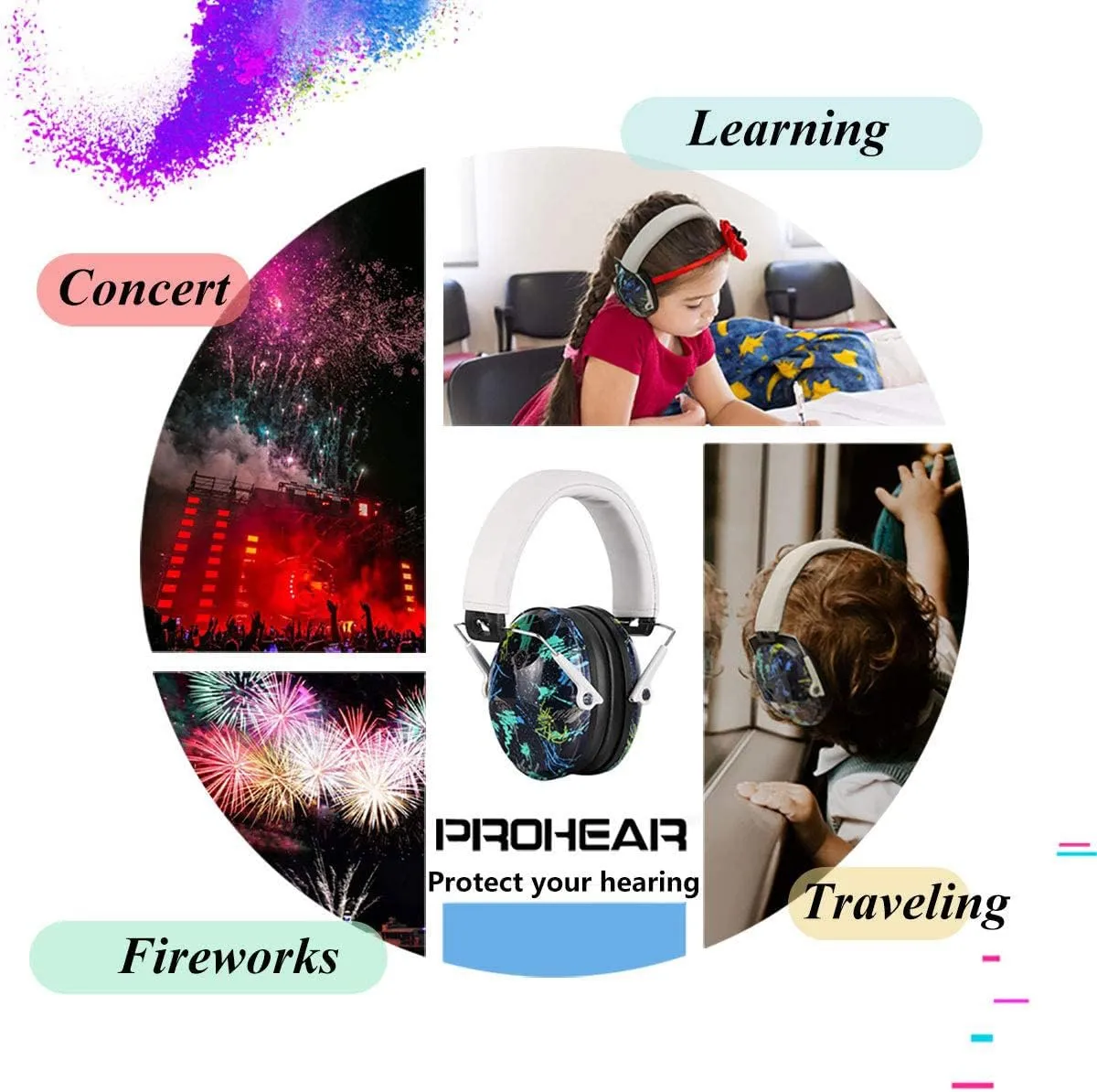 PROHEAR 032 Kids Ear Protection Safety Ear Muffs, NRR 25dB Noise Reduction Childrens Earmuffs, Adjustable Headband Hearing Protectors for Sports Events, Concerts, Racing, Airports - Graffiti Pattern