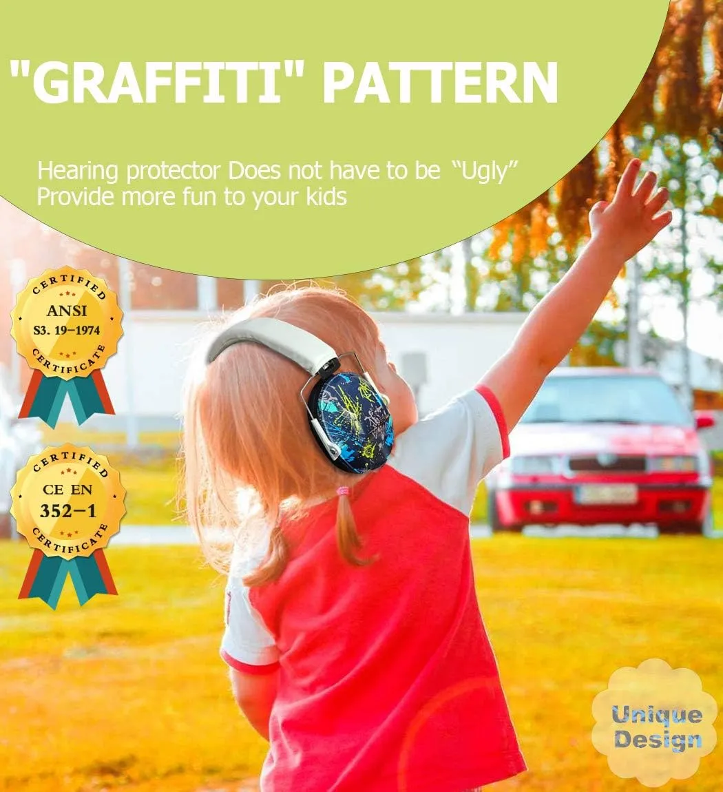 PROHEAR 032 Kids Ear Protection Safety Ear Muffs, NRR 25dB Noise Reduction Childrens Earmuffs, Adjustable Headband Hearing Protectors for Sports Events, Concerts, Racing, Airports - Graffiti Pattern