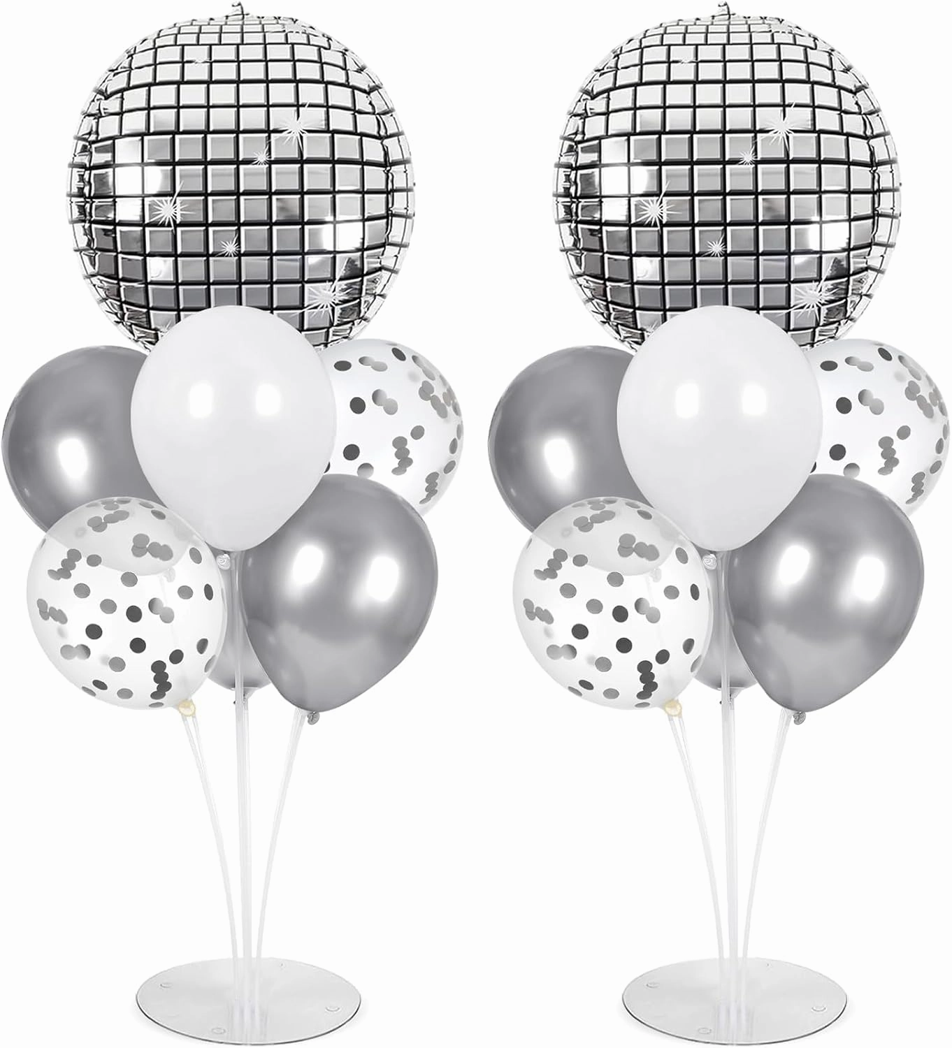 Prom Silver Disco Ball Party Balloons Stand Kit 2 Sets with 2 Metallic Disco Ball Foil Balloons Disco Themed Centerpiece for Tables 70s Disco Dance Birthday Decorations Prom 2025 Party Supplies