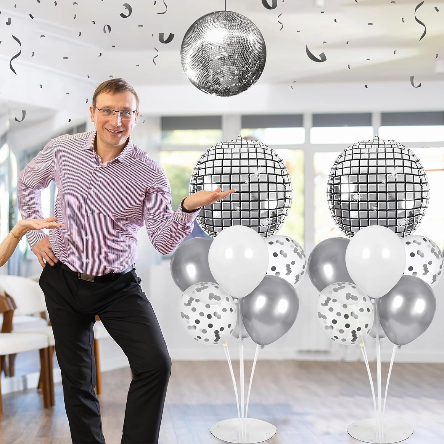 Prom Silver Disco Ball Party Balloons Stand Kit 2 Sets with 2 Metallic Disco Ball Foil Balloons Disco Themed Centerpiece for Tables 70s Disco Dance Birthday Decorations Prom 2025 Party Supplies