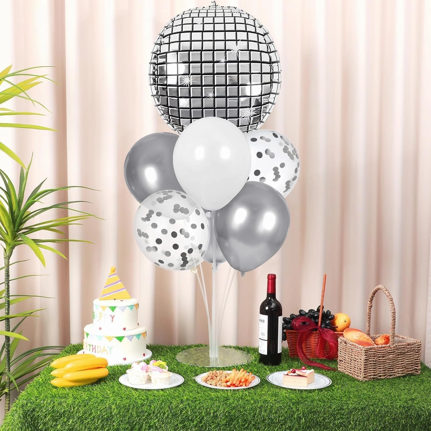 Prom Silver Disco Ball Party Balloons Stand Kit 2 Sets with 2 Metallic Disco Ball Foil Balloons Disco Themed Centerpiece for Tables 70s Disco Dance Birthday Decorations Prom 2025 Party Supplies
