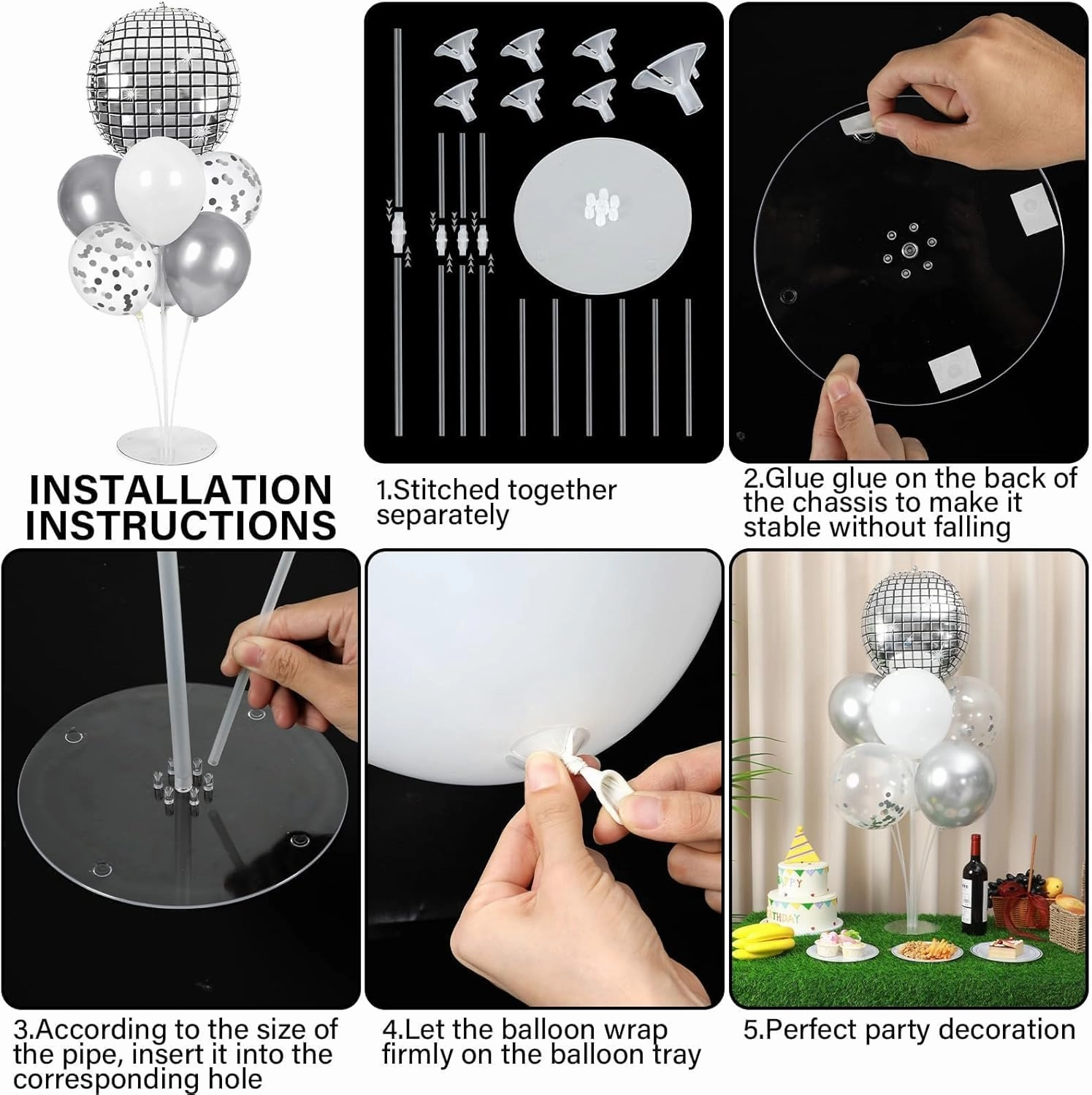 Prom Silver Disco Ball Party Balloons Stand Kit 2 Sets with 2 Metallic Disco Ball Foil Balloons Disco Themed Centerpiece for Tables 70s Disco Dance Birthday Decorations Prom 2025 Party Supplies