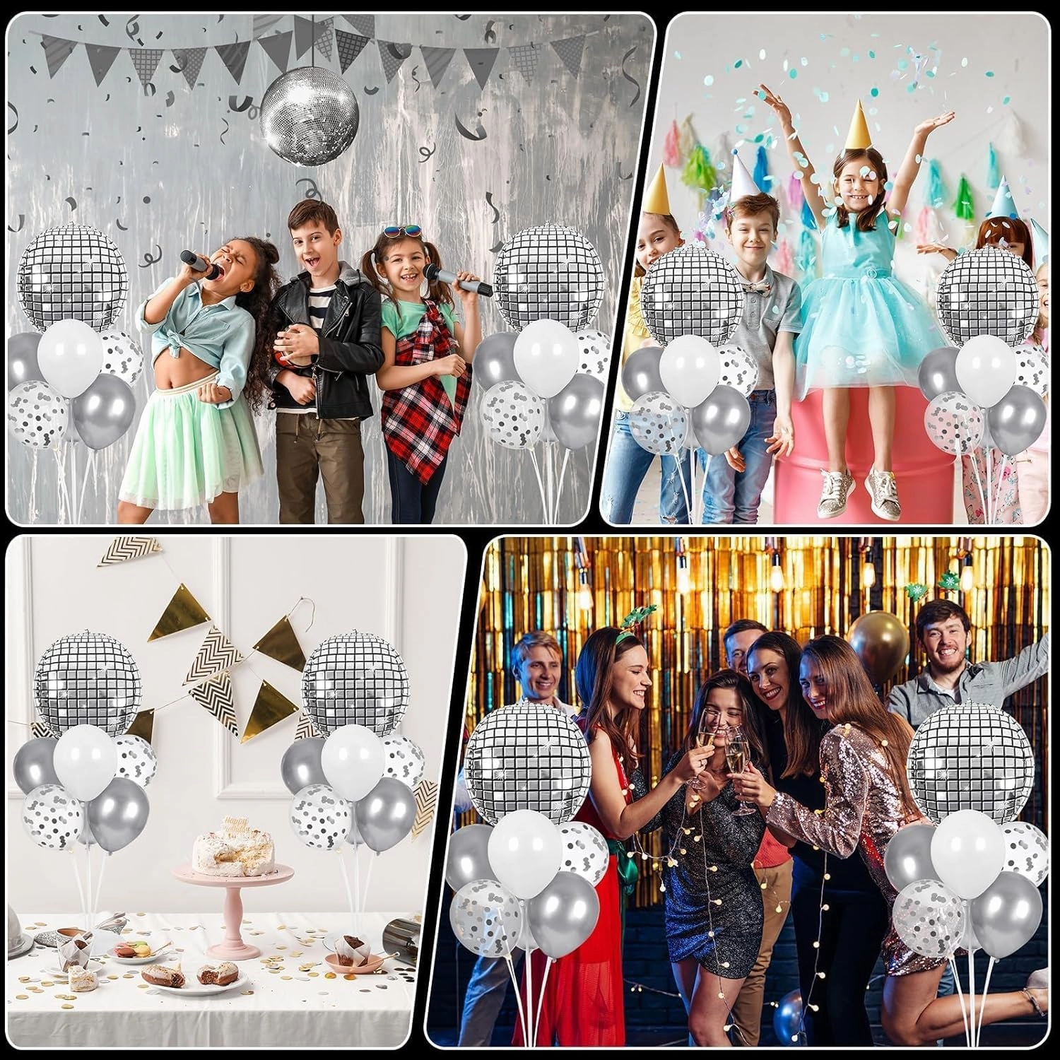 Prom Silver Disco Ball Party Balloons Stand Kit 2 Sets with 2 Metallic Disco Ball Foil Balloons Disco Themed Centerpiece for Tables 70s Disco Dance Birthday Decorations Prom 2025 Party Supplies