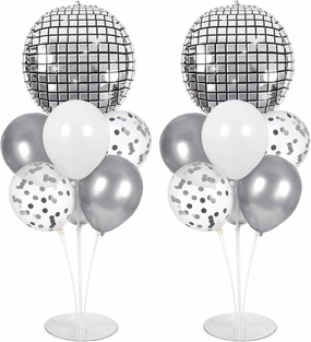 Prom Silver Disco Ball Party Balloons Stand Kit 2 Sets with 2 Metallic Disco Ball Foil Balloons Disco Themed Centerpiece for Tables 70s Disco Dance Birthday Decorations Prom 2025 Party Supplies