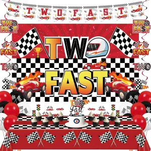 Race Car Birthday Party Decorations Kit Two Fast Banner Backdrop Balloons Racing Car Hanging Swirls Tablecloth Cake Toppers Decor for Baby Boys Girls 2nd Birthday Party Race Fans Baby Shower Supplies