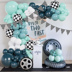 Race Car Balloon Arch Garland Kit 152Pcs Dusty/Peacock/Teal Blue and White Balloons with Wheel Checkered Foil Balloons and Checkered Flag Banner for Two Fast Birthday Party Decorations