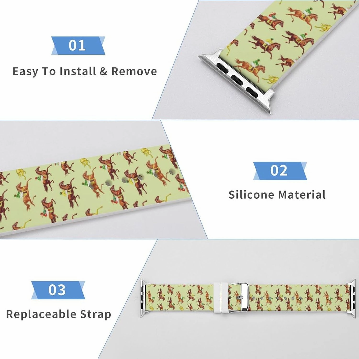 Racing Horse Pattern Adjustable Silicone Watchband Compatible with IWatch Classic Soft Sports Watch Strap for Men Women