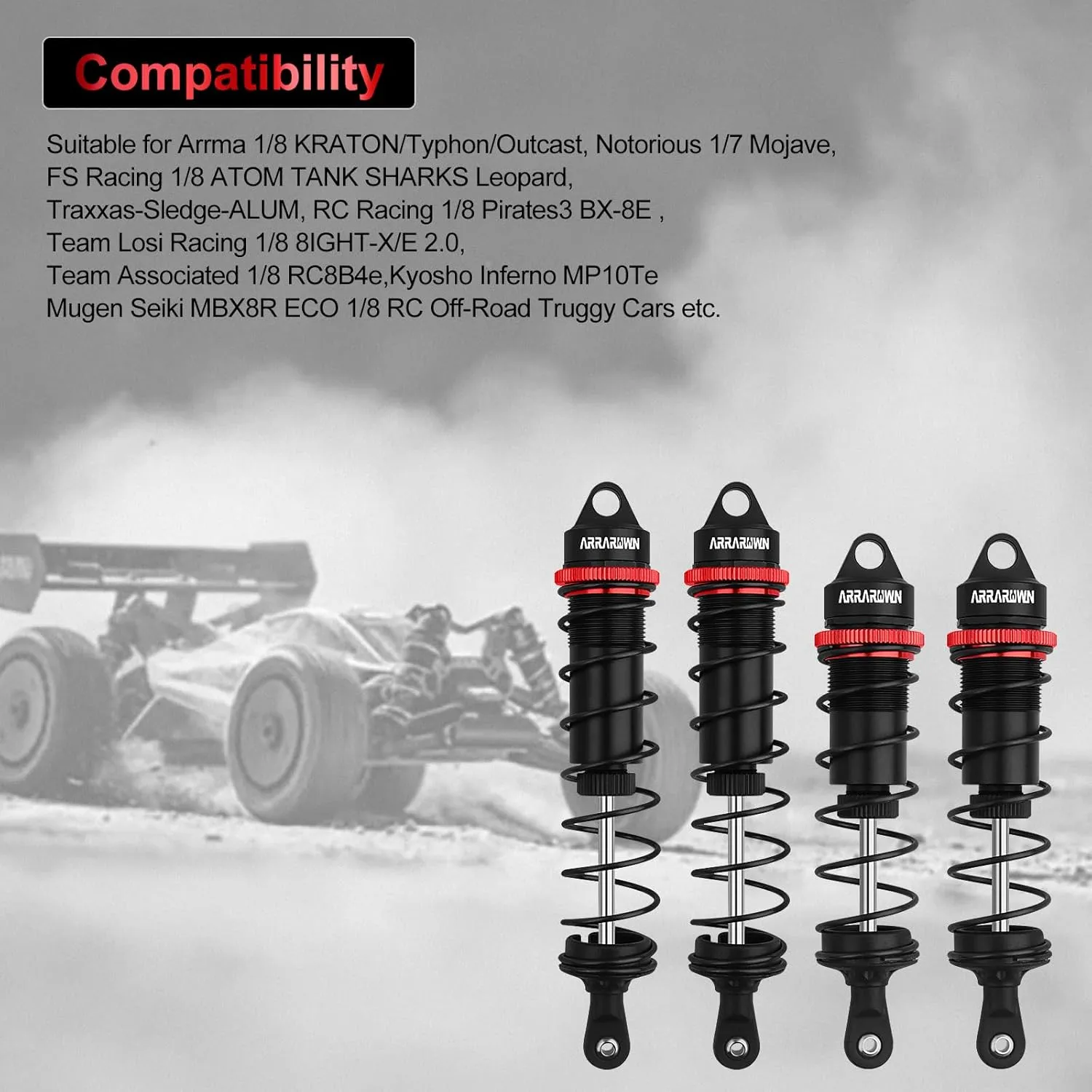 RC Car Shock Absorbers, 130mm Rear Shocks 110mm Front Shocks Set Adjustable Shocks Compatible with 1/8 Arrma Typhoon 6S Redcat FS/ZD Racing Buggy Truggy Replacement Parts (Black)