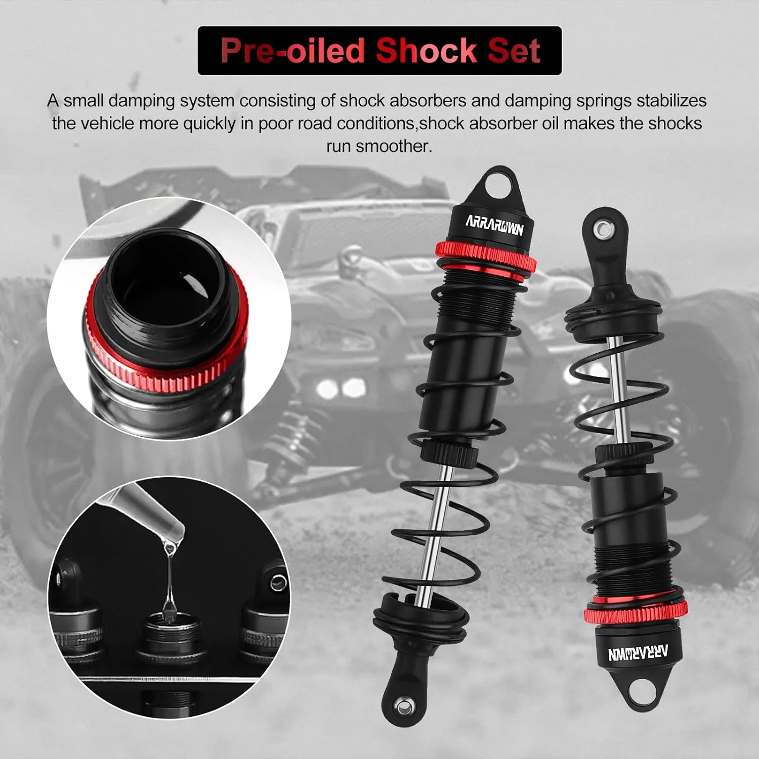 RC Car Shock Absorbers, 130mm Rear Shocks 110mm Front Shocks Set Adjustable Shocks Compatible with 1/8 Arrma Typhoon 6S Redcat FS/ZD Racing Buggy Truggy Replacement Parts (Black)