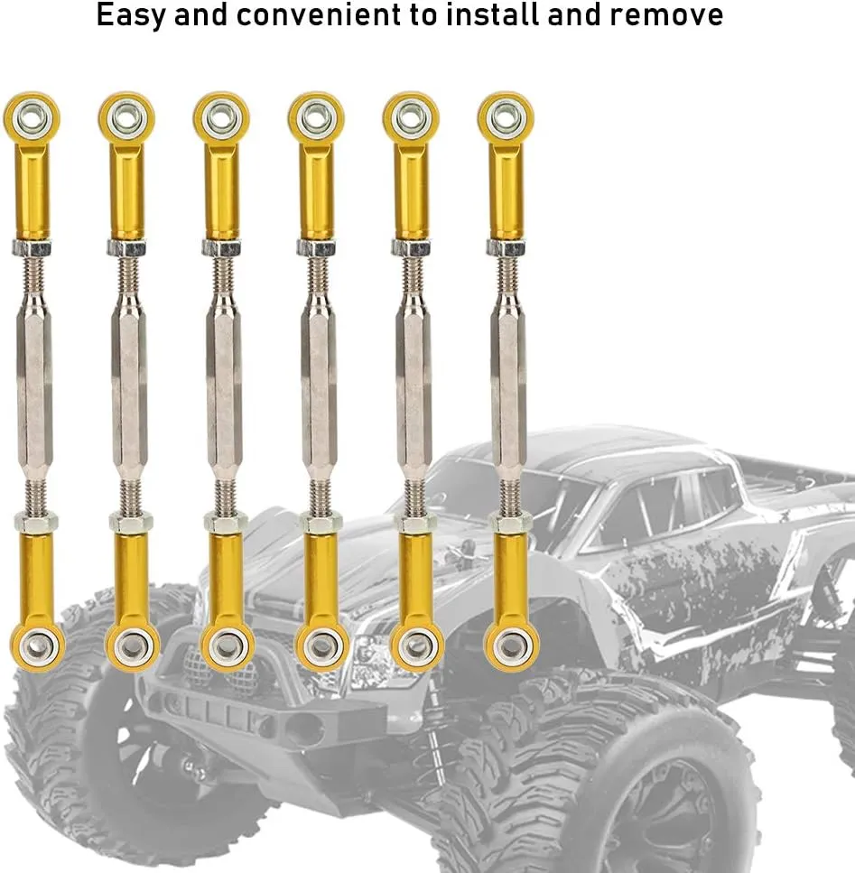 RC Car Turnbuckle Rod Linkage - 6Pcs Adjustable Aluminum Alloy Push Rods for RC, Durable Upgrade Parts Compatible with 1/10 1/8 Truggy Buggy (Gold)