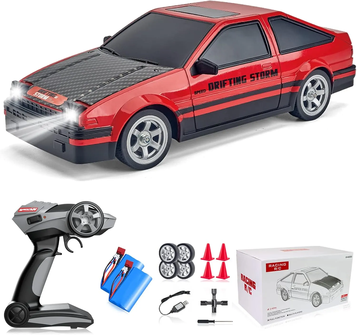 RC Drift Car 1/16 2.4GHz 4WD RTR Drift Car High Speed Remote Control Cars with LED Lights, Two Batteries and Drift Tires Racing Toy Cars for Boys Kids Girls Adults, Red