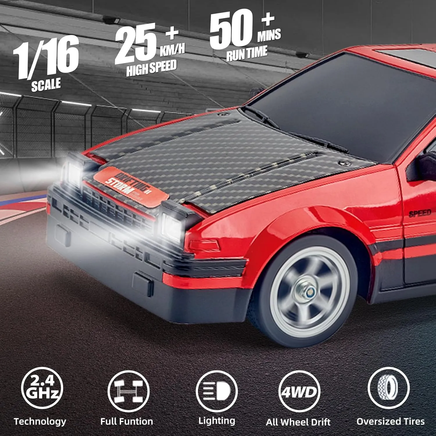 RC Drift Car 1/16 2.4GHz 4WD RTR Drift Car High Speed Remote Control Cars with LED Lights, Two Batteries and Drift Tires Racing Toy Cars for Boys Kids Girls Adults, Red