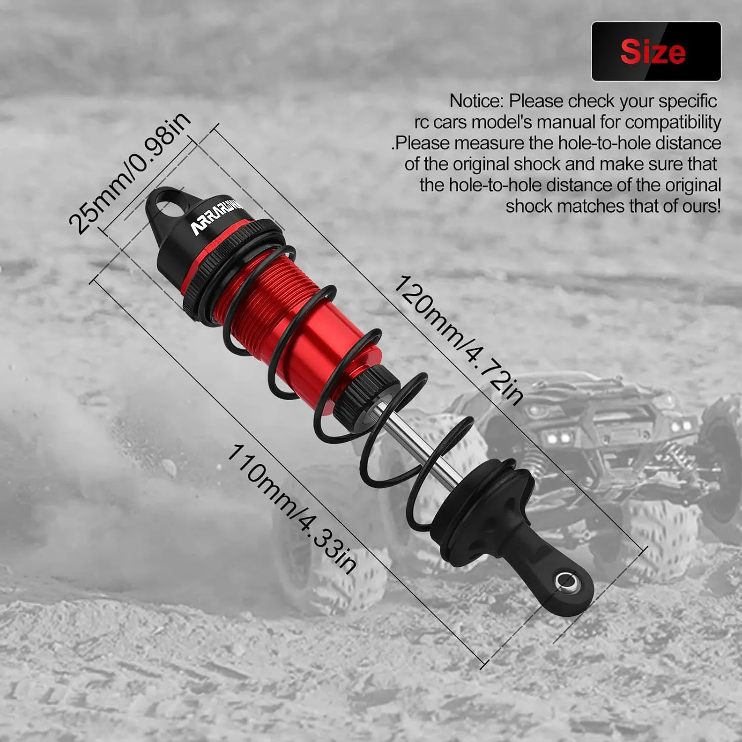 RC Shock Absorbers, 2PCS 1/8 110mm RC Car Front Shocks Set Adjustable Shocks Compatible with 1/8 Arrma Typhon 6S, FS Racing,Team Losi Racing,HSP DHK HPI Redcat ZD Racing Truck Buggy Truggy (Red＆Black)