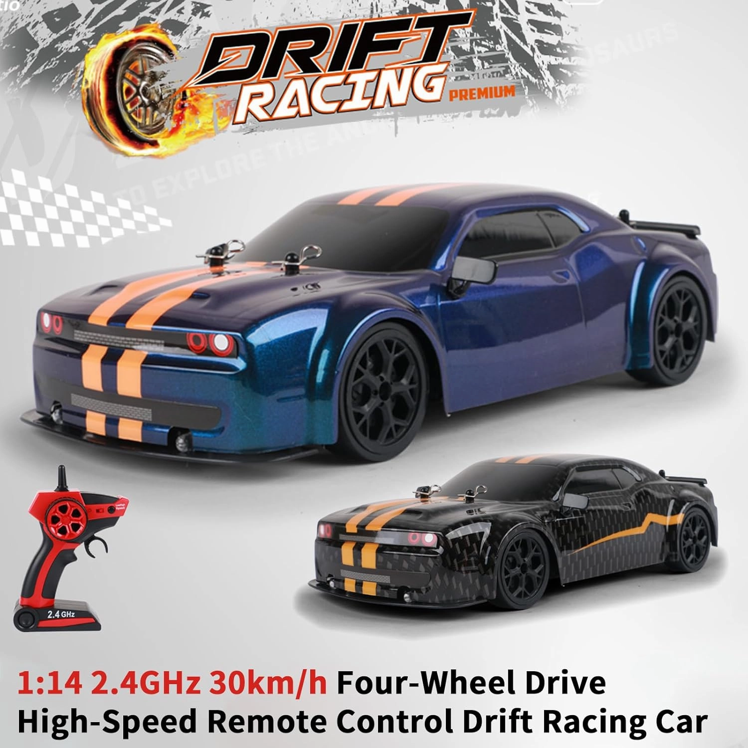 RC Drift Car, 4 WD High Speed 30 KM/H Remote Control Car,1:14 Scale Drifting Tires Racing Sport Toy, 2.4GHz RC Racing Car with Cool Lighting for Adults Boys Girls Kids