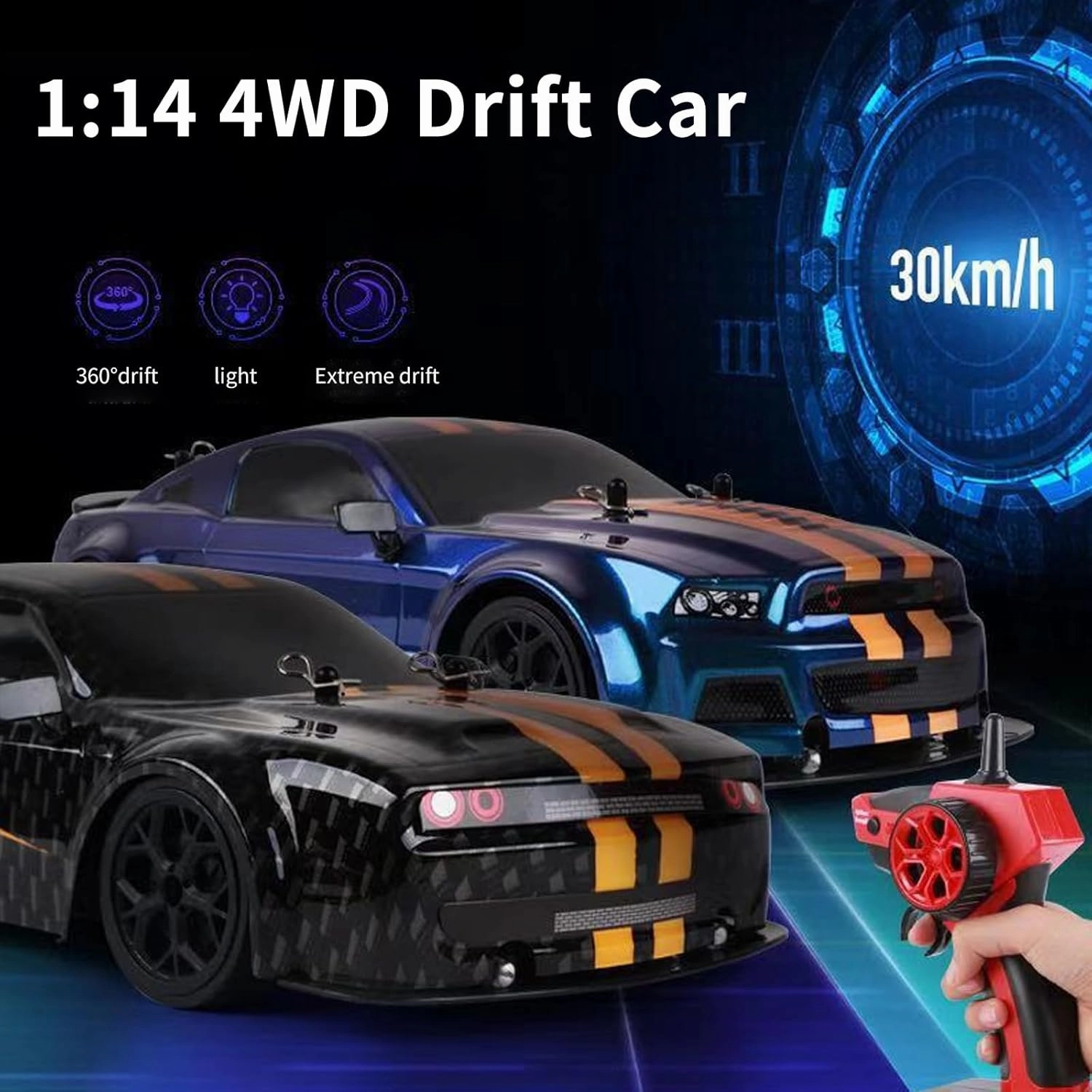 RC Drift Car, 4 WD High Speed 30 KM/H Remote Control Car,1:14 Scale Drifting Tires Racing Sport Toy, 2.4GHz RC Racing Car with Cool Lighting for Adults Boys Girls Kids