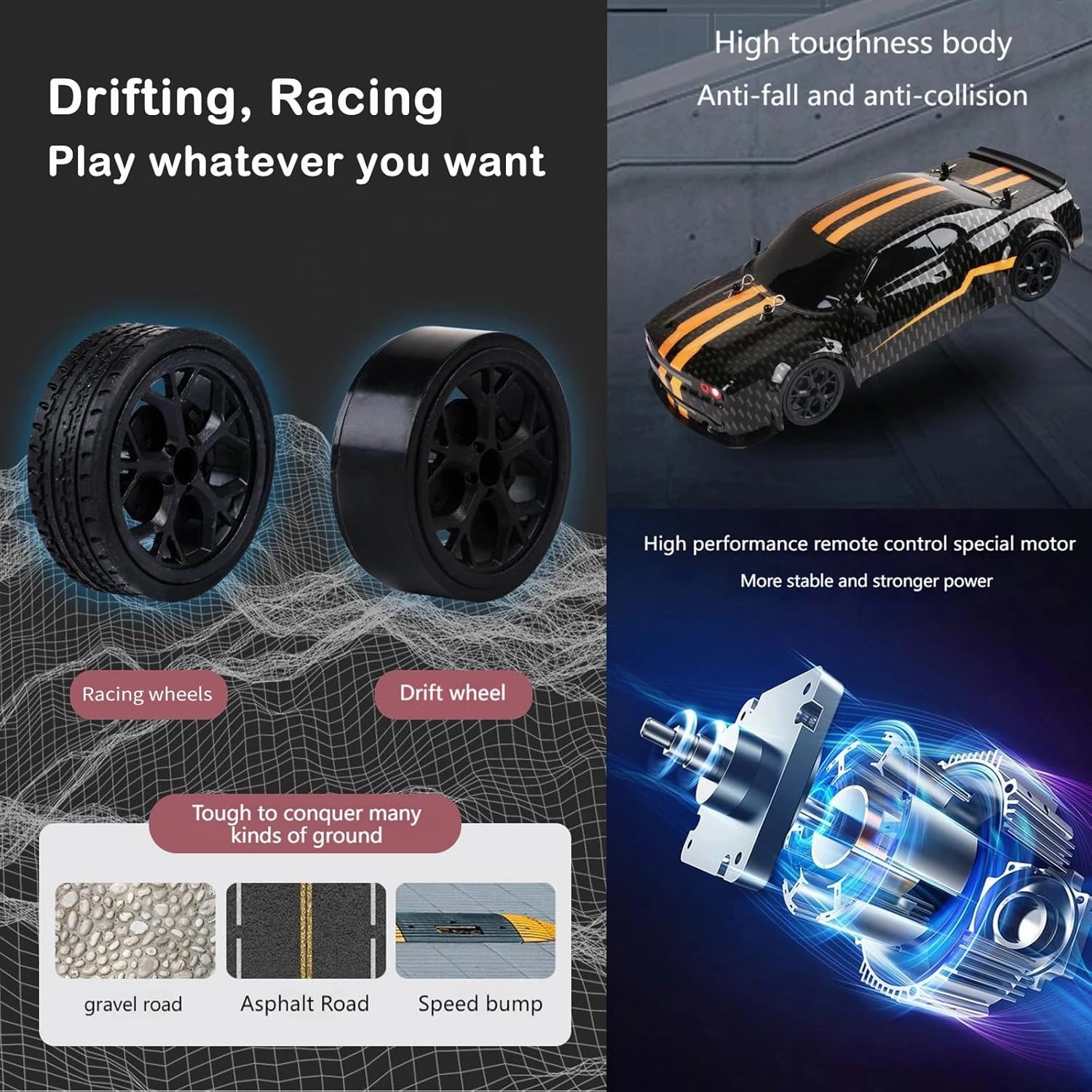 RC Drift Car, 4 WD High Speed 30 KM/H Remote Control Car,1:14 Scale Drifting Tires Racing Sport Toy, 2.4GHz RC Racing Car with Cool Lighting for Adults Boys Girls Kids