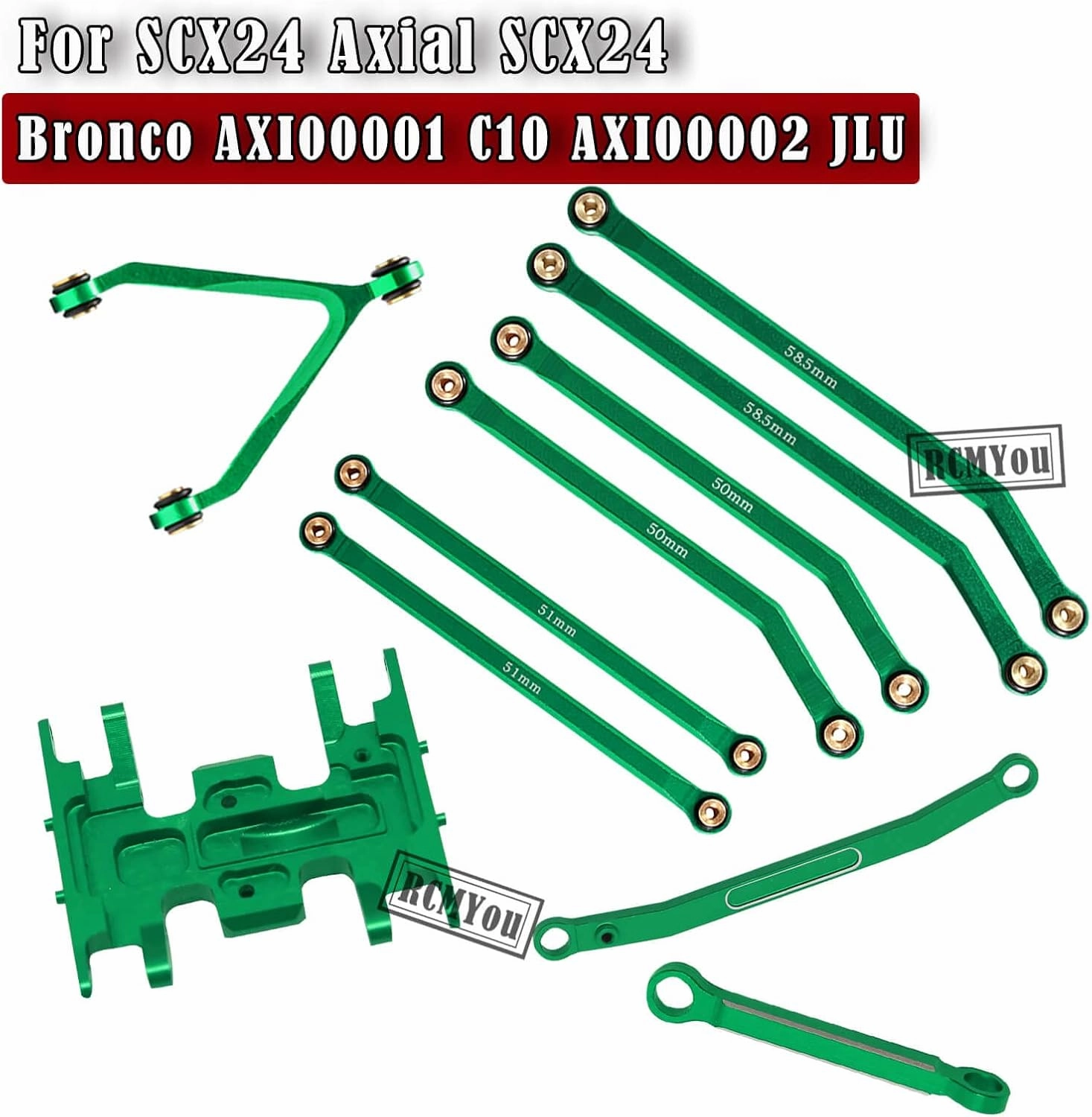 RC Upgrades Part High Clearance Chassis Links & Skid Plate & Steering Rod Tie Links for 1/24 Axial SCX24 Bronco AXI00001 C10 AXI00002 JLU 1/24 RC Crawler（Green）