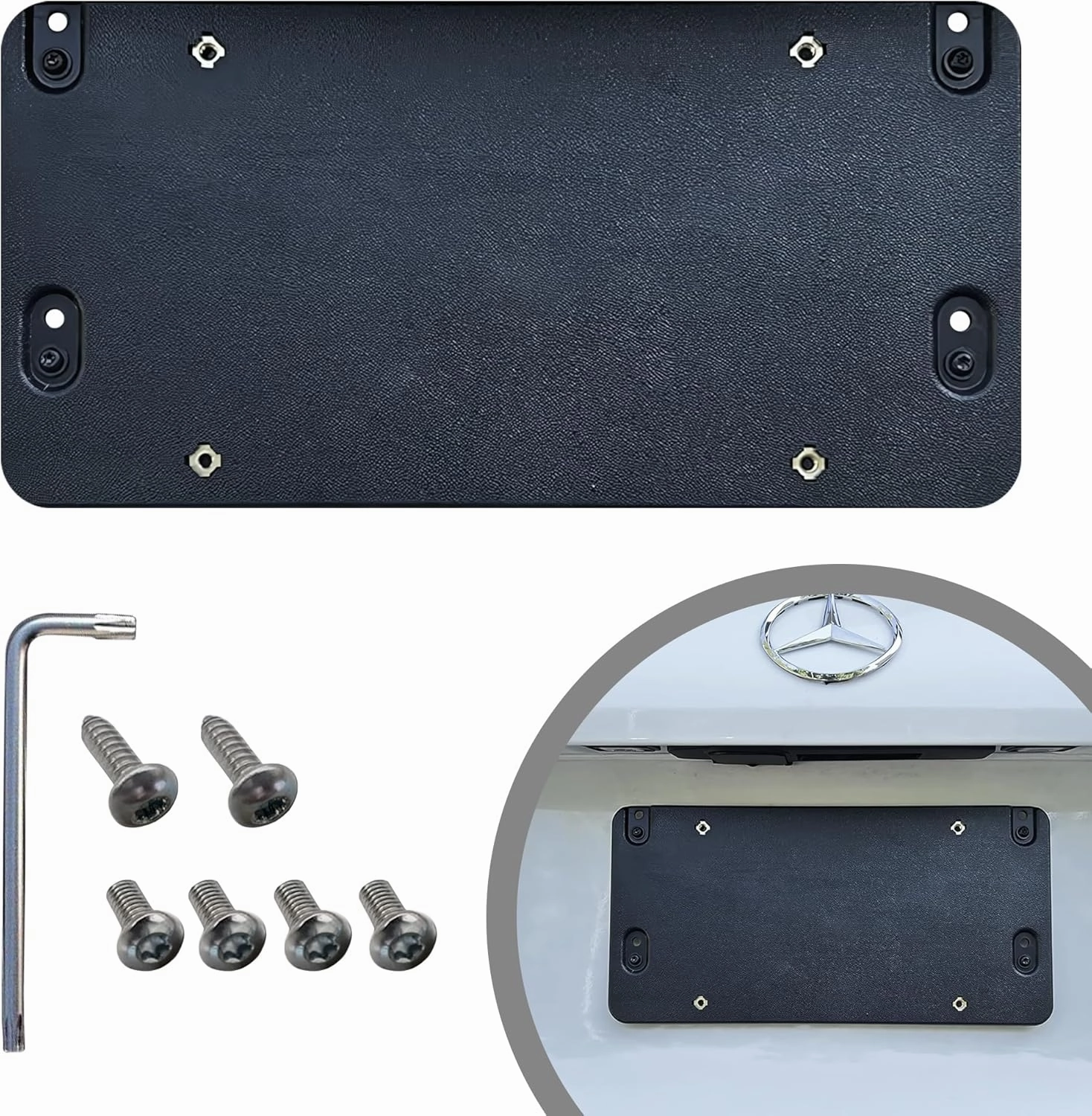 Rear License Plate Bracket Tag Holder Mount for Mercedes-Benz 2007-2025, Standard 6"x12" Black Plastic Car Plate Frame, Includes 8 Screws & Wrench, Durable Car License Plate Holder