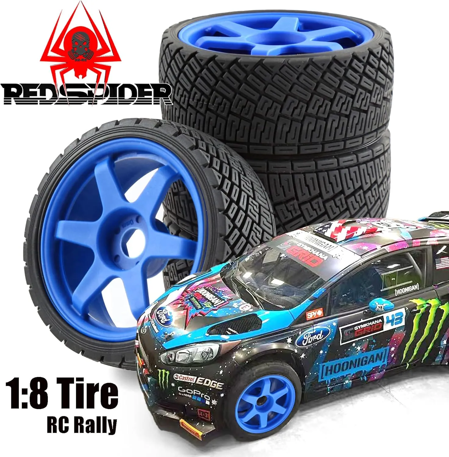 REDSPIDER•1/8 RC Rally Car Tires On Road Tyres 17mm Hex Plastic Wheels Rims Compatible with 1/7 1/8 Scale Racing Car KM WRC C3 ARRMA Felony Infraction Limitless RC On-Road Car (Black 1)