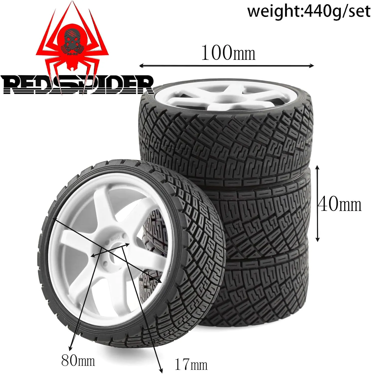 REDSPIDER•1/8 RC Rally Car Tires On Road Tyres 17mm Hex Plastic Wheels Rims Compatible with 1/7 1/8 Scale Racing Car KM WRC C3 ARRMA Felony Infraction Limitless RC On-Road Car (Black 1)