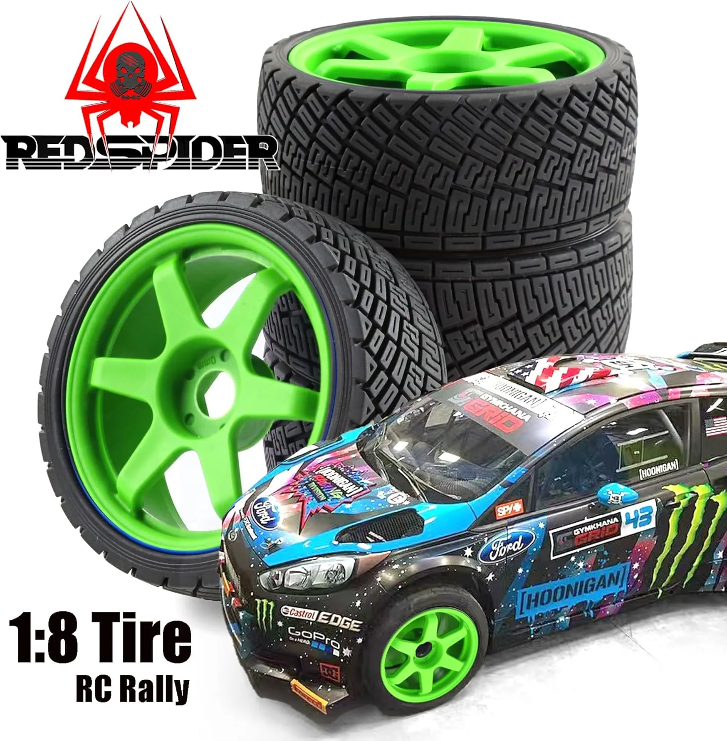 REDSPIDER•1/8 RC Rally Car Tires On Road Tyres 17mm Hex Plastic Wheels Rims Compatible with 1/7 1/8 Scale Racing Car KM WRC C3 ARRMA Felony Infraction Limitless RC On-Road Car (Black 1)