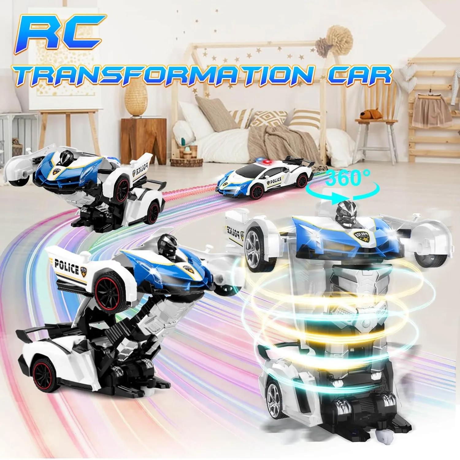 Remote Control Car Transformer Toys for Boy 4-6 Years Old: One-Button Transforming Police Car with LED Light & 360° Rotation Drifting 2.4 Ghz Robot RC Car Christmas Birthday Gift Idea for Kids