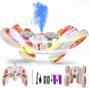 Remote Control Car, 360°Rotating 4WD RC Cars with Cool Spray, 2.4Ghz Double Sided RC Stunt Truck with Cool Lights, Drift Car for Kids Toys Best Gifts for Boys Girls Age 4-6 7 8-13 (White)