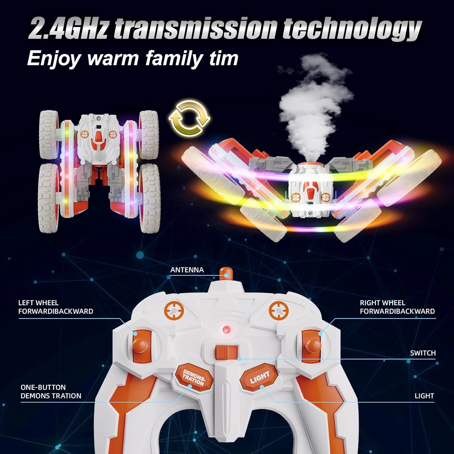Remote Control Car, 360°Rotating 4WD RC Cars with Cool Spray, 2.4Ghz Double Sided RC Stunt Truck with Cool Lights, Drift Car for Kids Toys Best Gifts for Boys Girls Age 4-6 7 8-13 (White)