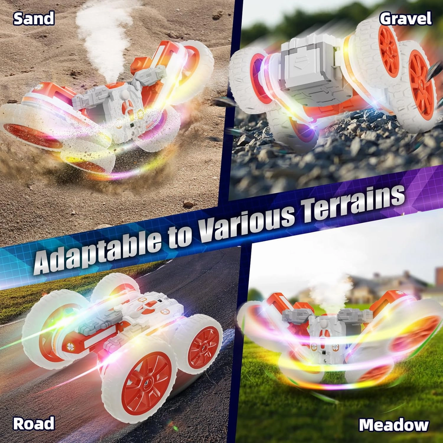 Remote Control Car, 360°Rotating 4WD RC Cars with Cool Spray, 2.4Ghz Double Sided RC Stunt Truck with Cool Lights, Drift Car for Kids Toys Best Gifts for Boys Girls Age 4-6 7 8-13 (White)